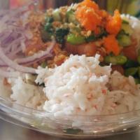 Salmon Lover Bowl · Rice, salmon, sesame, orange sauce, red onion, green onion, edamame, crab meat, masago, and ...