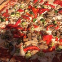 Grilled Vegetable Pizza · Zucchini, eggplant, mushrooms, roasted garlic and peppers. Vegetarian.