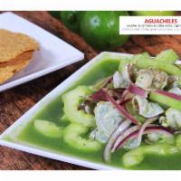 Aguachiles · Ceviche de camaron en salsa verde, pepino y cebolla. Shrimp cured in lime, green spicy salsa...