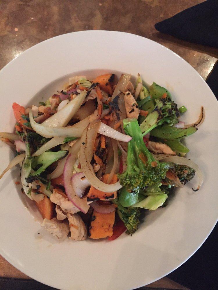 Grilled Vegetable Salad · Pan grilled onions, bell peppers, napa cabbage, bok choy, sweet potatoes, carrots, tofu and peanuts in a spicy lime sauce.