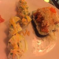 Volcano Roll · Shrimp tempura, cucumber, avocado inside top with spicy tuna, lobster salad, and spicy mayo.