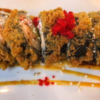 Sushi Bomb Roll · Deep fried. Tuna, salmon, white fish, krab, avocado, masago, tempura flake, special bomb sau...