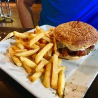 BBQ Burger · 1/2 pound angus burger topped with BBQ sauce, Mozzarella cheese, bacon and sauteed onions. S...