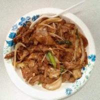 Dry Beef Chow Fun · Stir fried vegetables and noodles.