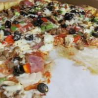 Supreme Pizza · Sausage, pepperoni, Canadian bacon, hamburger, mushrooms, green peppers, black olives, onion...