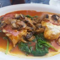Chicken Saltimbocca · Sautéed with garlic, white wine, spinach and mushrooms with prosciutto and Fontinella. Serve...