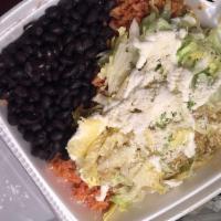 Enchiladas · w  beef or chicken  Served with rice, black bean and corn tortilla. top w lettuce mexican cr...