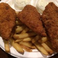 Fish and Chips · 3 pieces of panko breaded Alaskan cod, ~ 1/2 lbs french fries, and 2 tartar sauces