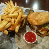 BBQ Burger · 1/4 lb. char broiled fresh ground chuck patty, BBQ sauce, Cheddar cheese, fried onion straws...