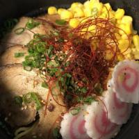 Shoyu Ramen · Chicken broth, Chasu Pork, Soy Sauce base, poached egg, fish cake, corn, arugula, scallion, ...