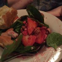 Berry Spinach Salad · Baby spinach, sliced strawberries, candied walnuts, roasted chicken breast, and goat cheese....