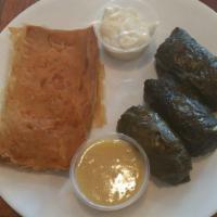 Dolmades · 3 tender grape leaves stuffed with ground beef, rice, tomato and herbs. Served with lemon sa...
