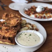 Chicken and Waffles · cornmeal waffle / black pepper gravy / home fries 