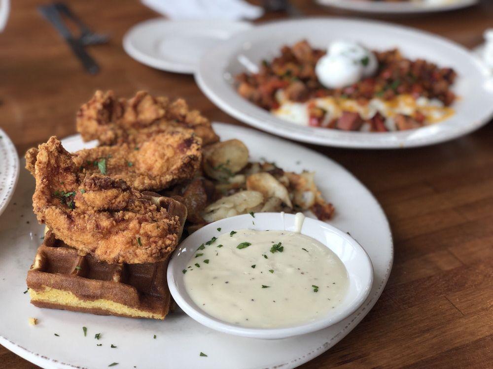 Chicken and Waffles · cornmeal waffle / black pepper gravy / home fries 