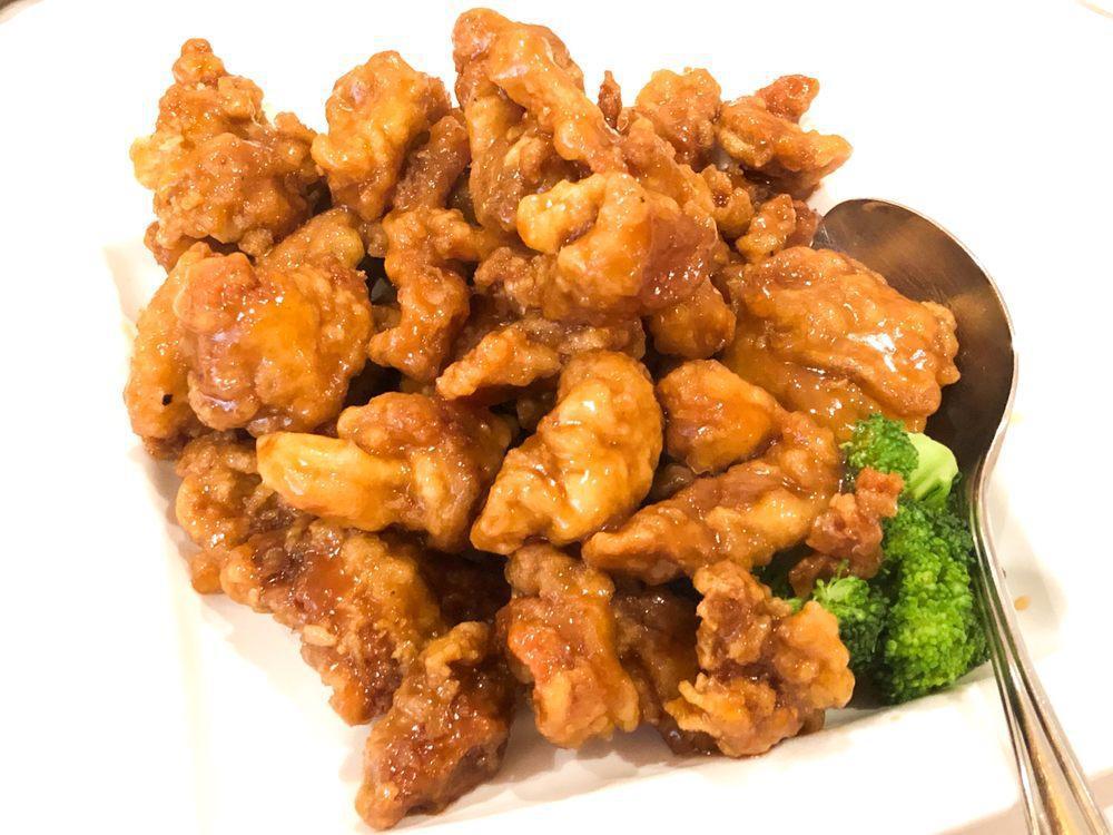 Princess Chicken · Chunks of chicken breast lightly battered, fried to a golden brown and tossed with a spicy honey garlic sauce. 