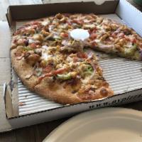 Chicken Supreme Gourmet Pizza · Chicken, mushrooms, red onions, tomatoes, bell peppers, garlic, white sauce and mozzarella c...
