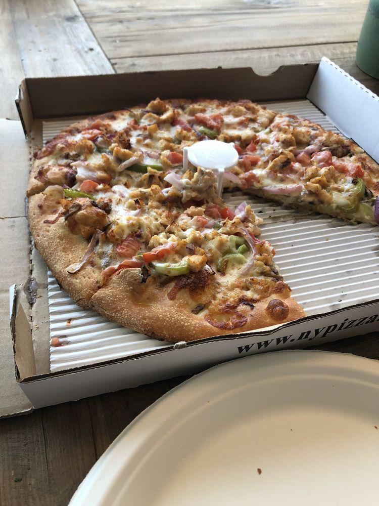 Chicken Supreme Gourmet Pizza · Chicken, mushrooms, red onions, tomatoes, bell peppers, garlic, white sauce and mozzarella cheese.