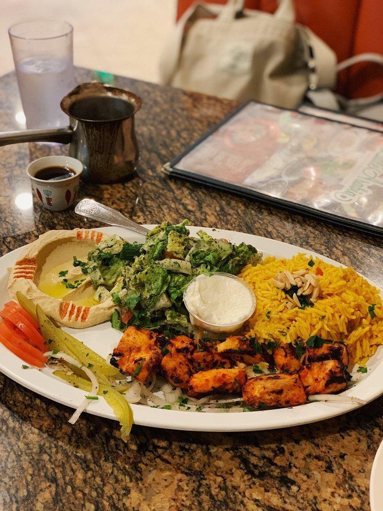 Tawook Plate · Cubes of marinated chicken with garlic. Grilled and served with rice, hummus salad and fresh bread.