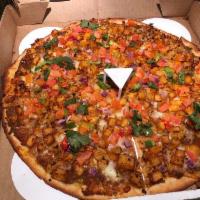 Aloo Gobi Pizza · Spiced cauliflower and potatoes, red onions, bell peppers, tomatoes and fresh cilantro on ou...