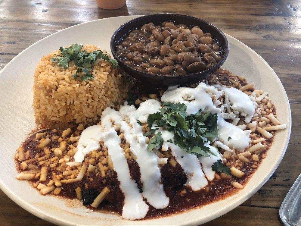 Chile Relleno Plate · Chille relleno stuffed with your choice of cheese, meat or beans smothered in red sauce. Served with rice and beans. Gluten free.