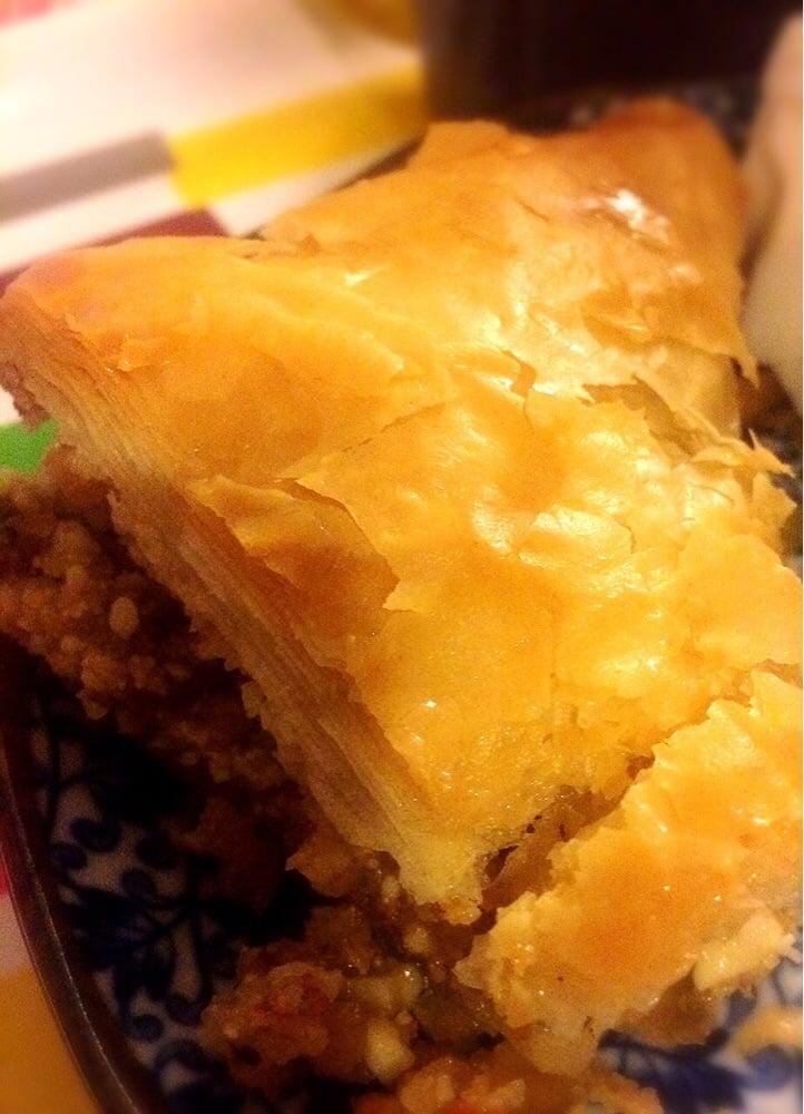 Baklava · Rich, sweet dessert pastry made of layers of filo filled with chopped nuts and sweetened and held together with syrup or honey. Allergen: Contains Gluten, Casein, Walnut, Cashew, and Pistachios