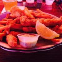 Fish and Chips · White fish batter-dipped and deep-fried. Served with french fries.