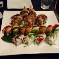 Dinosaur Roll · Spicy tuna, shrimp tempura avocado inside, whole soft shell crab tempura outside.