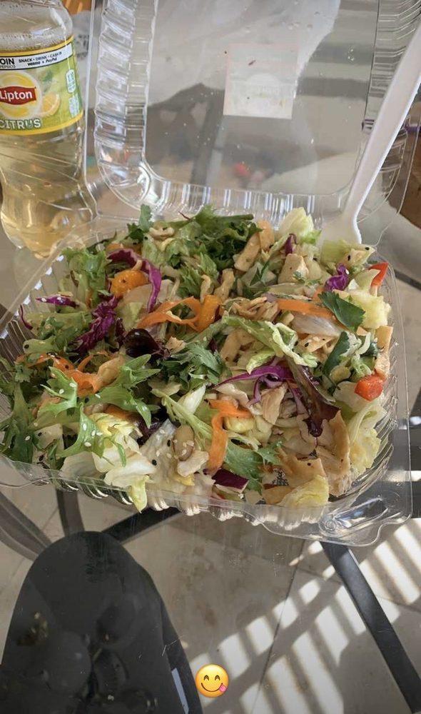 Asian Salad · Iceberg, spring mix, red cabbage, chicken, carrots, wonton strips, almonds, red bell peppers, sesame seeds, cilantro and Mandarin oranges. Chef recommended roasted sesame seeds dressing.