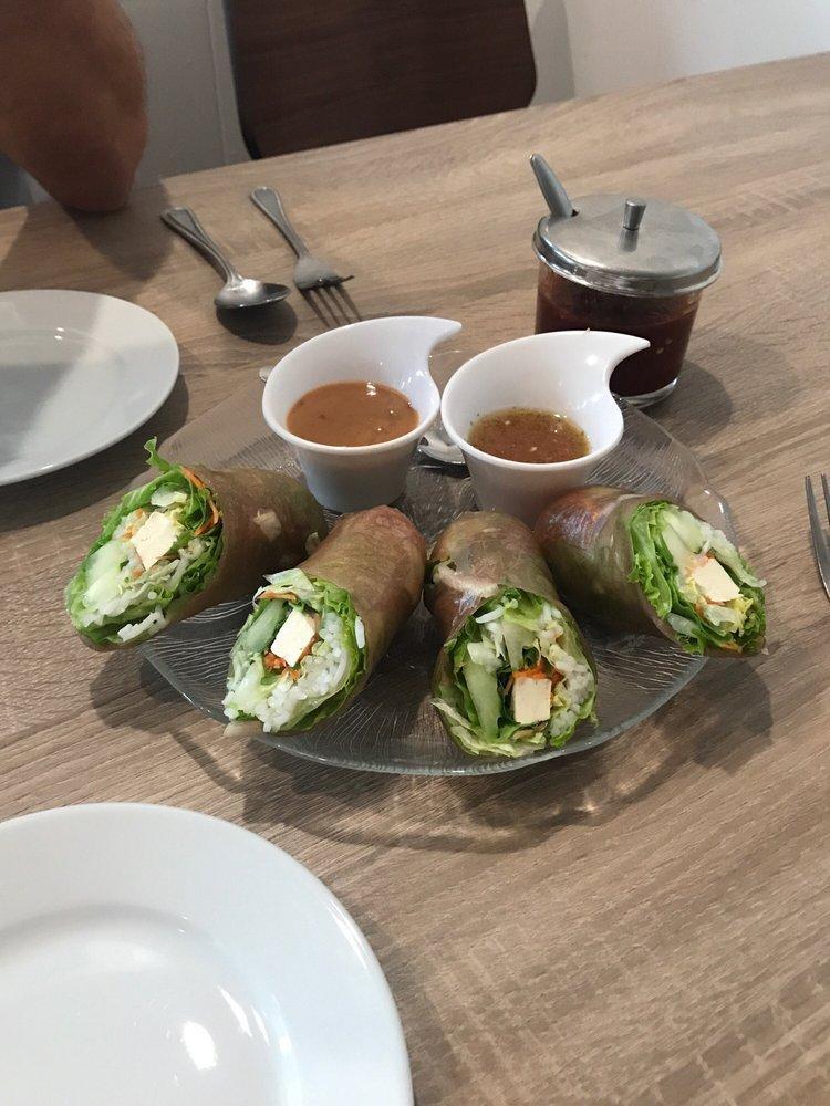 Fresh Spring Rolls · Fresh spring veggie rolls with rice noodles, tofu, cilantro, carrots, cucumbers and lettuce, wrapped in rice paper. Served with homemade peanut dip and pineapple sauce. Gluten free and vegetarian.