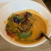 Panang Curry · Carrots and bell peppers in a Panang curry sauce. Vegan.
