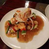 Grilled Shrimp and Scallop · Served with fresh mixed vegetables and seasoned with garlic sauce.
