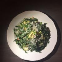 Kale Salad · Kale and Shaved Brussels Sprouts, Red Radish, Golden Raisins, Toasted Almonds,  Egg, Pecorin...