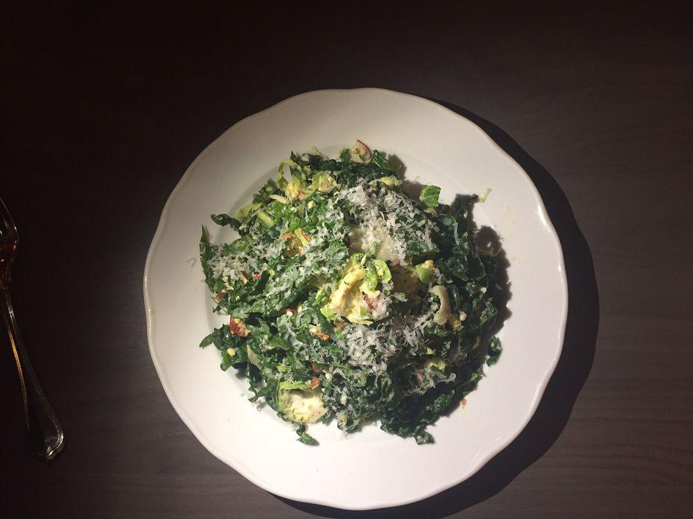 Kale Salad · Kale and Shaved Brussels Sprouts, Red Radish, Golden Raisins, Toasted Almonds,  Egg, Pecorino, Citrus Vinaigrette.