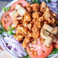 Buffalo Chicken Salad · Buffalo chicken crispy or grilled, olives, cucumber, pickles, onion, shredded cheese and cro...