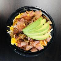 Omni Breakfast Bowl · All 3 MEATS HAM BACON SAUSAGE, 3 eggs, tater tots, covered with melted cheese topped with ha...