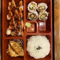 Bento Box · Choice of ONE protein and Served with miso soup / salad / rice / california roll - 4 pcs / c...