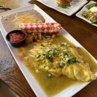 Chile Verde Omelette · 3 egg omelette, with carne asada, onion, smothered with our home made salsa verde topped wit...