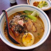 Curry Ramen · Pork Belly, bokchoy, beansprouts, soft boiled egg, sweet corn, Earwood mushroom, fish cake, ...
