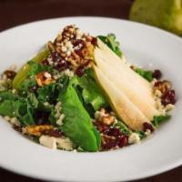 Goat Cheese Salad · Mixed greens, pear, goat cheese, dried cranberries, and walnuts. Served with choice of house...