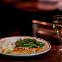 Pan Fried Walleye · Cracker crusted, almond butter, toasted almonds, Rudy's green beans, smashed potatoes.