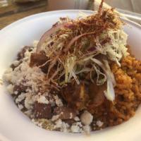 Red Bowl · Rice, frijoles charros, pulled rotisserie chicken,pan-dripping cabbage, fresh cabbage salad ...