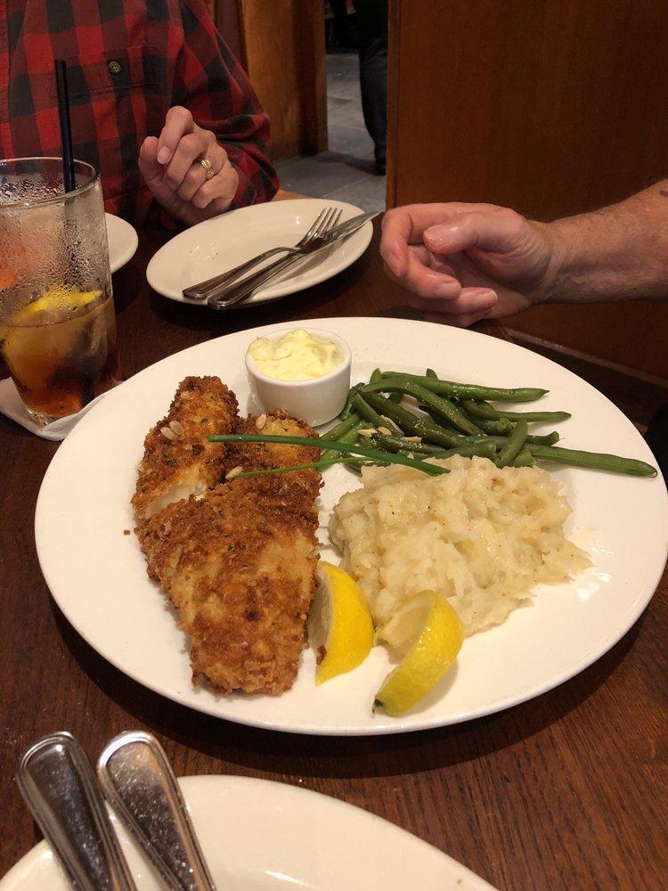 Parmesan Crusted Walleye · Golden fried fillet, green beans with toasted almonds, mashed potatoes, tartar sauce.