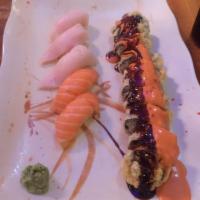 Godzilla Roll · Tuna, salmon, yellowtail, avocado, deep fried with eel sauce, spicy mayo and tobiko on top. ...