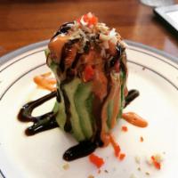 Avocado Bowl · Spicy tuna and spicy salmon inside, wrapped with avocado and topped with tobiko, scallion an...