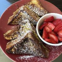 French Toast · French toast eggy bread served with 2 choices of fruit served with maple syrup. Strawberry, ...