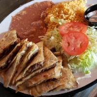 Quesadilla Plate · 2 Quesadillas beef or chicken accompanied by rice, beans, salad, guacamole, and sour cream