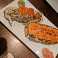 Lobster Roll · Lobster tempura, cucumber, avocado and spicy mayo topped with masago.