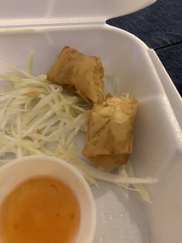 Spring Rolls · Rice paper filled with carrots, cabbage, onions, clear noodles and pork rolled into a cylinder and fried.