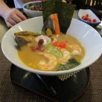 Seafood Ramen · Grilled shrimp, mussel, squid baby octopus, seaweed, naruto, corn, menma, wakame, scallion, ...