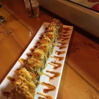 Kaizen Fried Roll · Avocado, cream cheese, Tampico paste, crab, and salmon. Fried and topped with shrimp tempura...